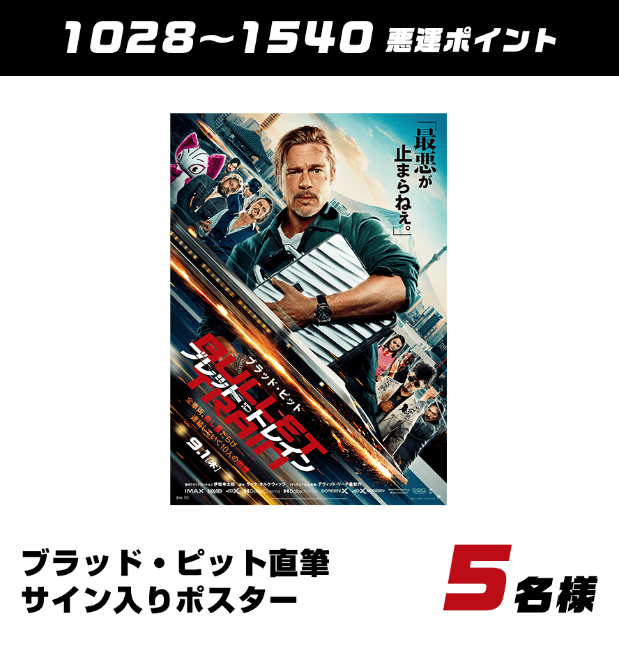 1028〜1540悪運ポイント： ブラッド・ピット直筆サイン入りポスター＜５名様＞